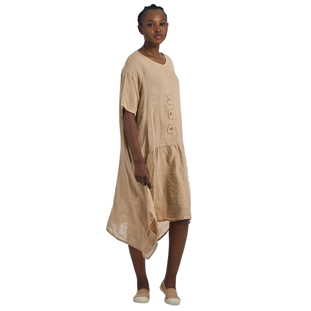 Three button dropped waist linen dress