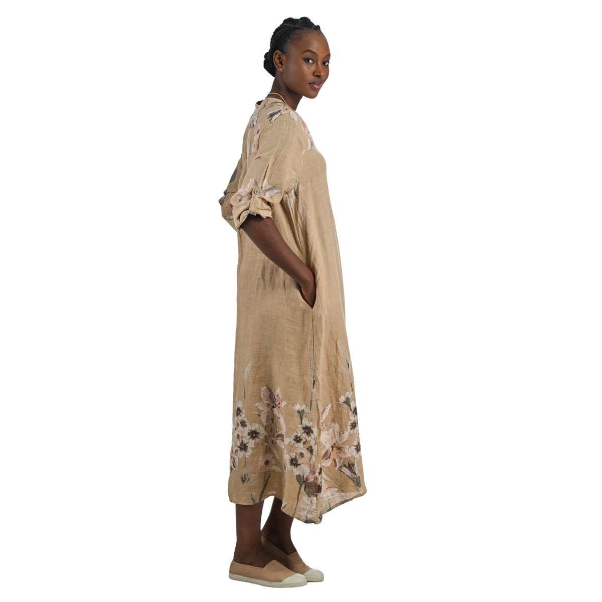Flower print border linen maxi dress