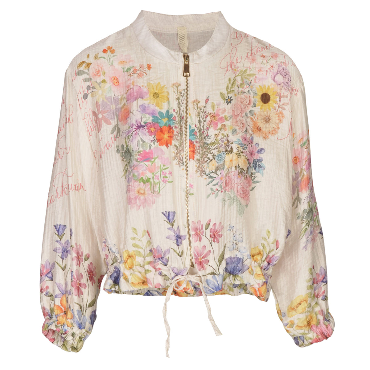 Word spring flower print bomber