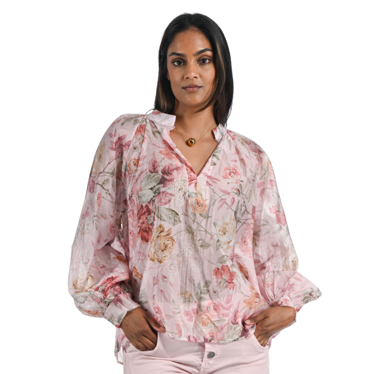 Rose print mandarin shirt