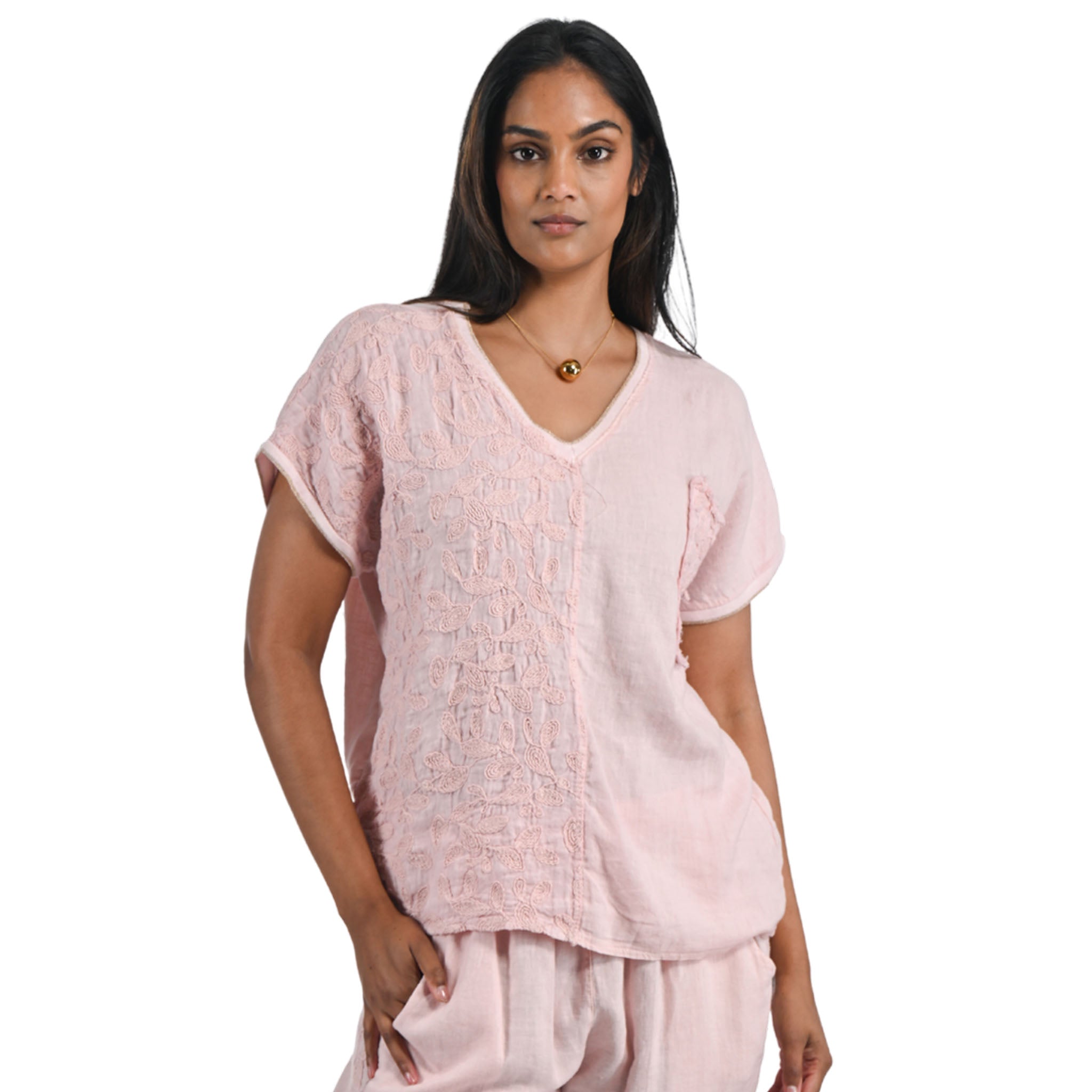 Cornelli embroidered glitter trim linen top