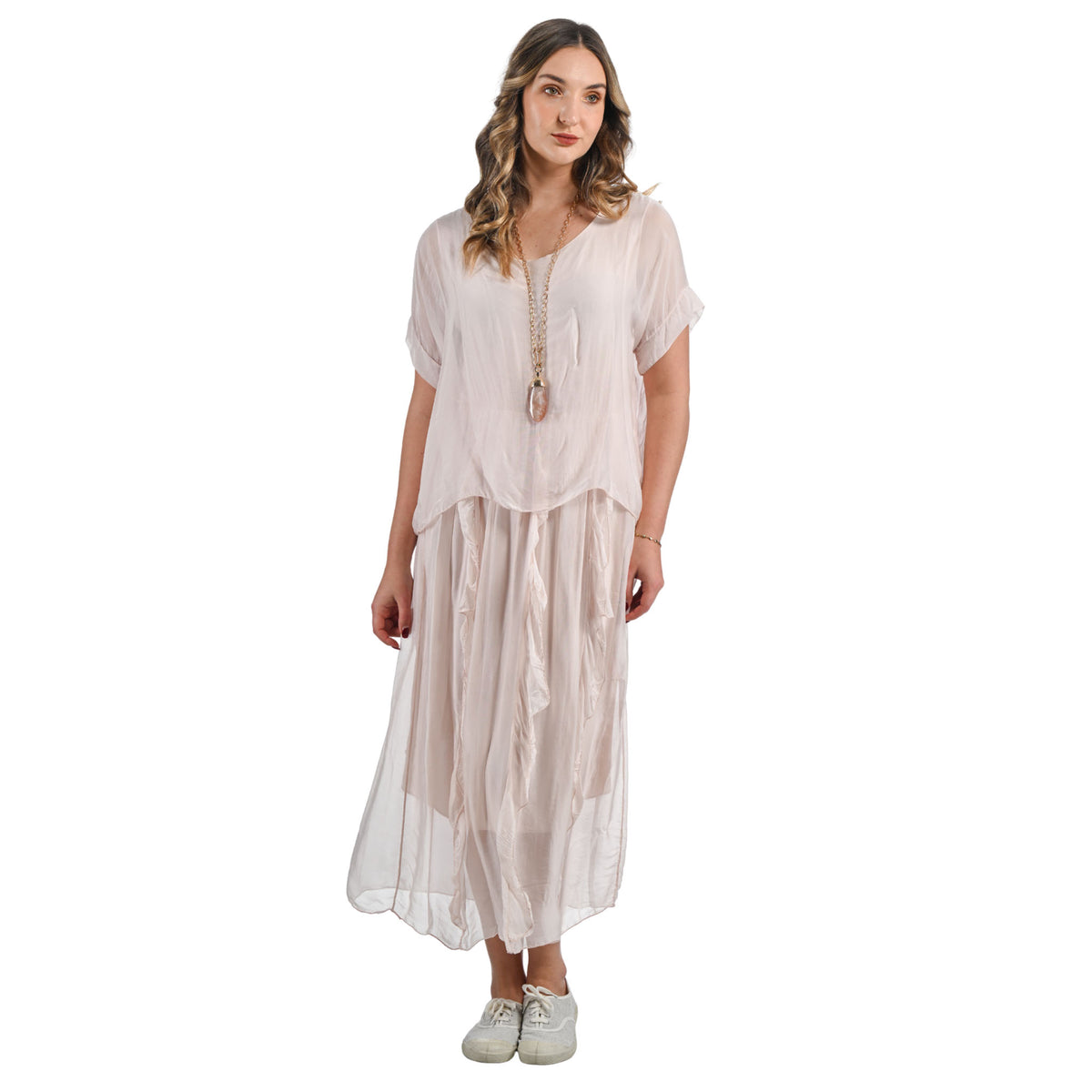 Double layer silk frill maxi dress