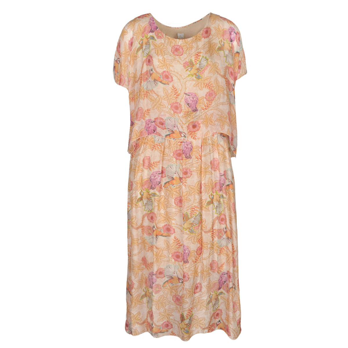 Bird floral printed double layer silk maxi dress