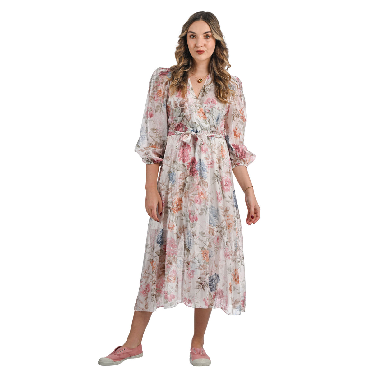 Rose print mock wrap dress