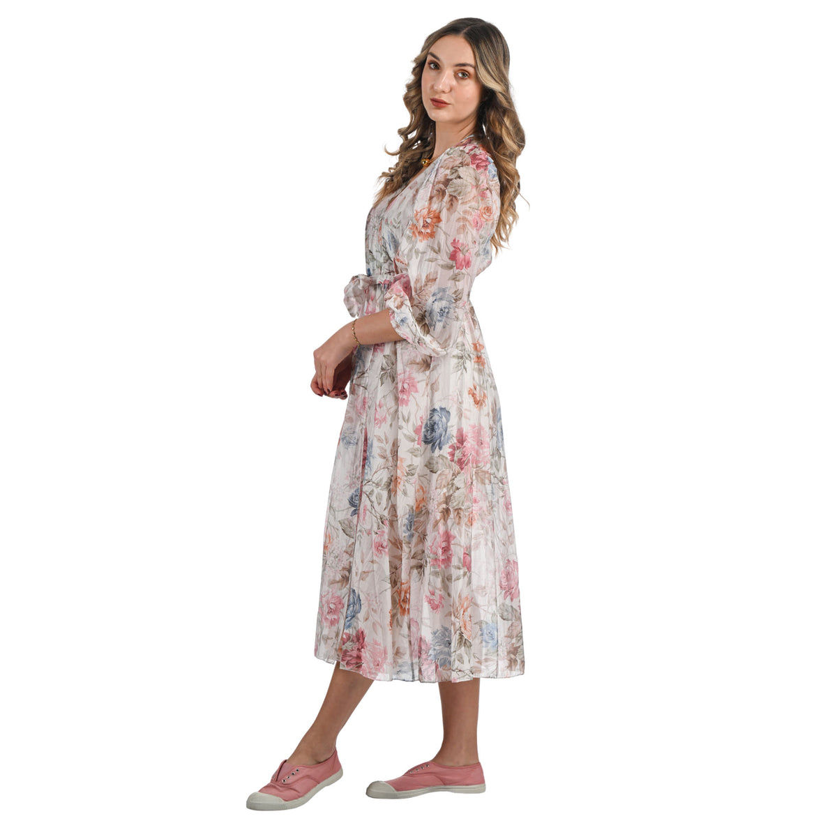Rose print mock wrap dress