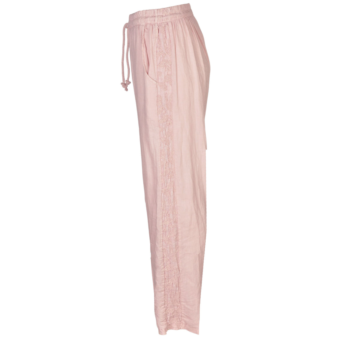 Embroidered trim linen mix pant