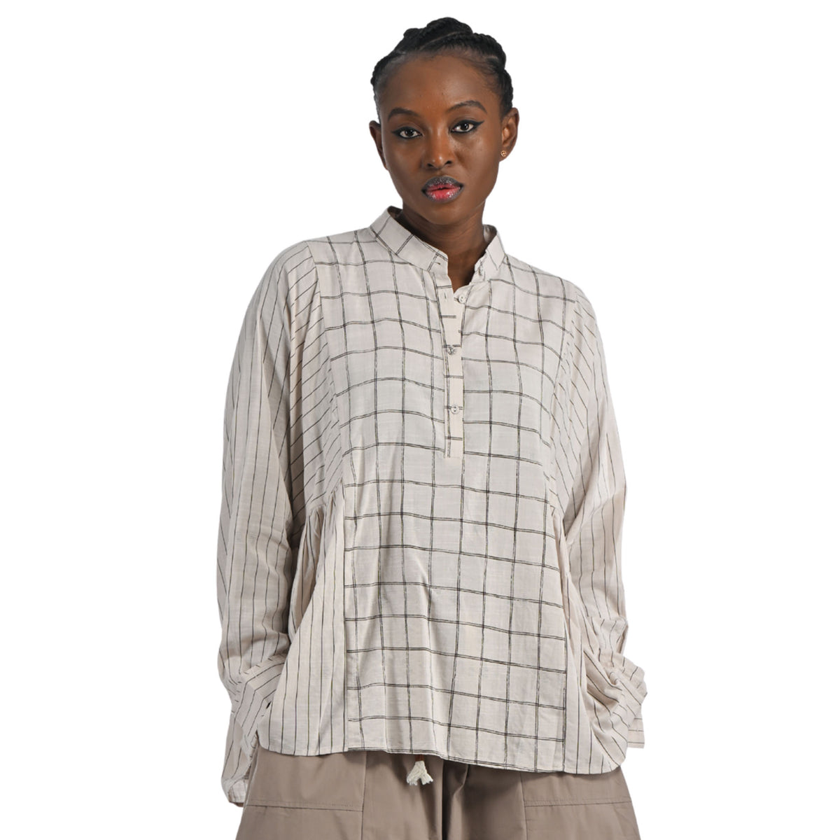 Oversized check stripe print babydoll shirt