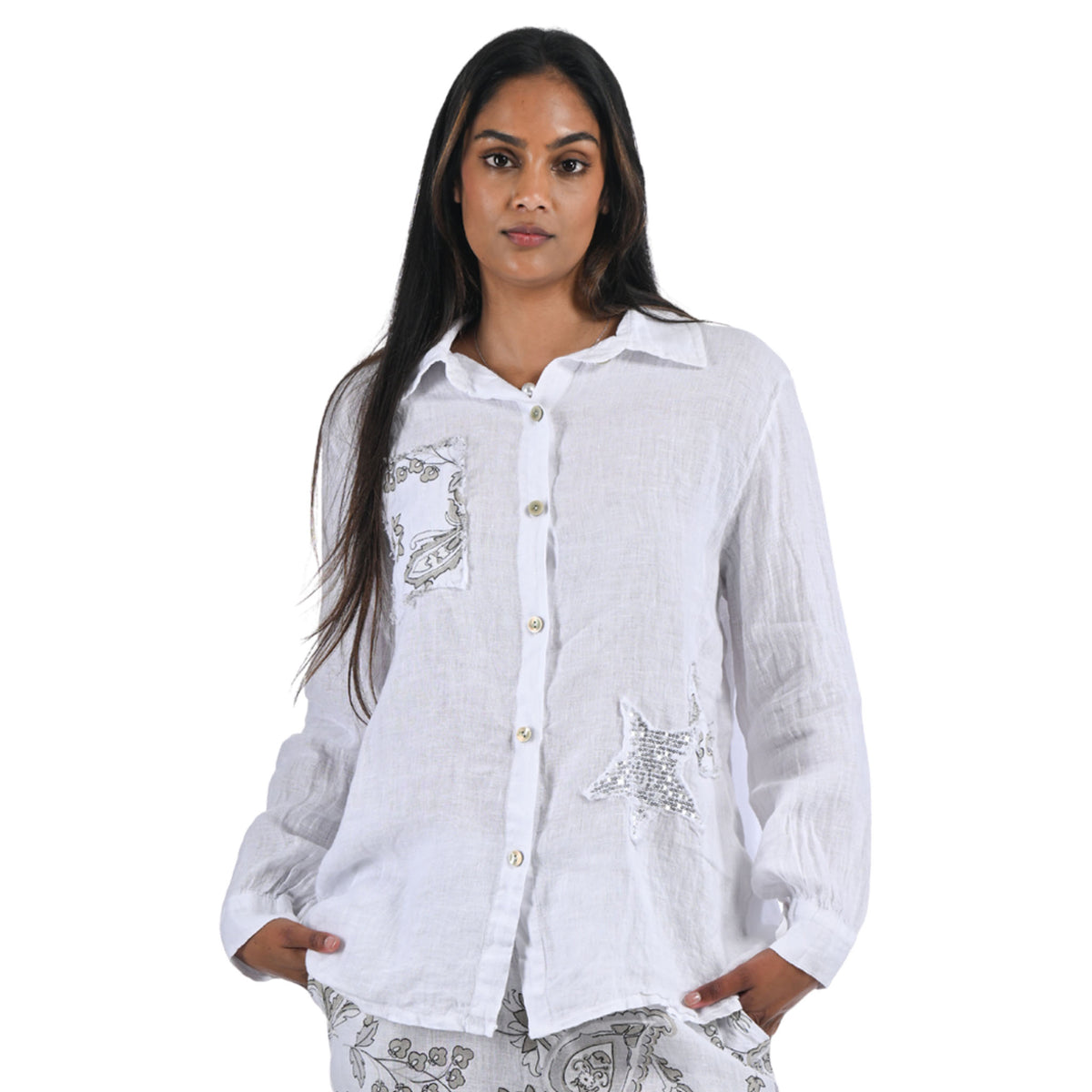 Sequin star heraldic print detail linen shirt