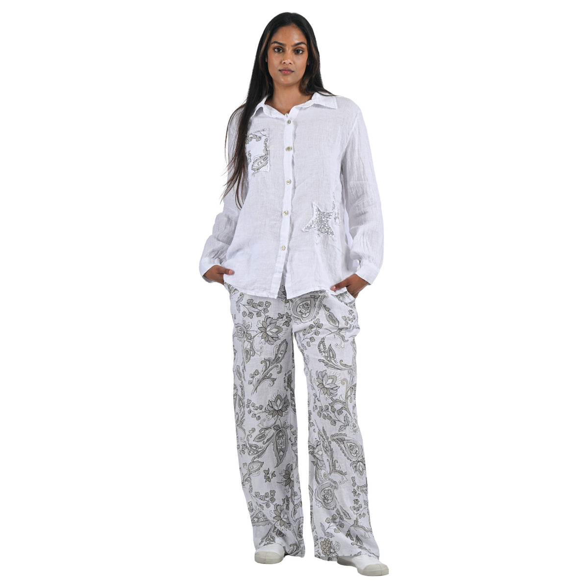 Sequin star heraldic print detail linen shirt
