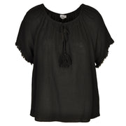 Raw edge linen mix tassel top