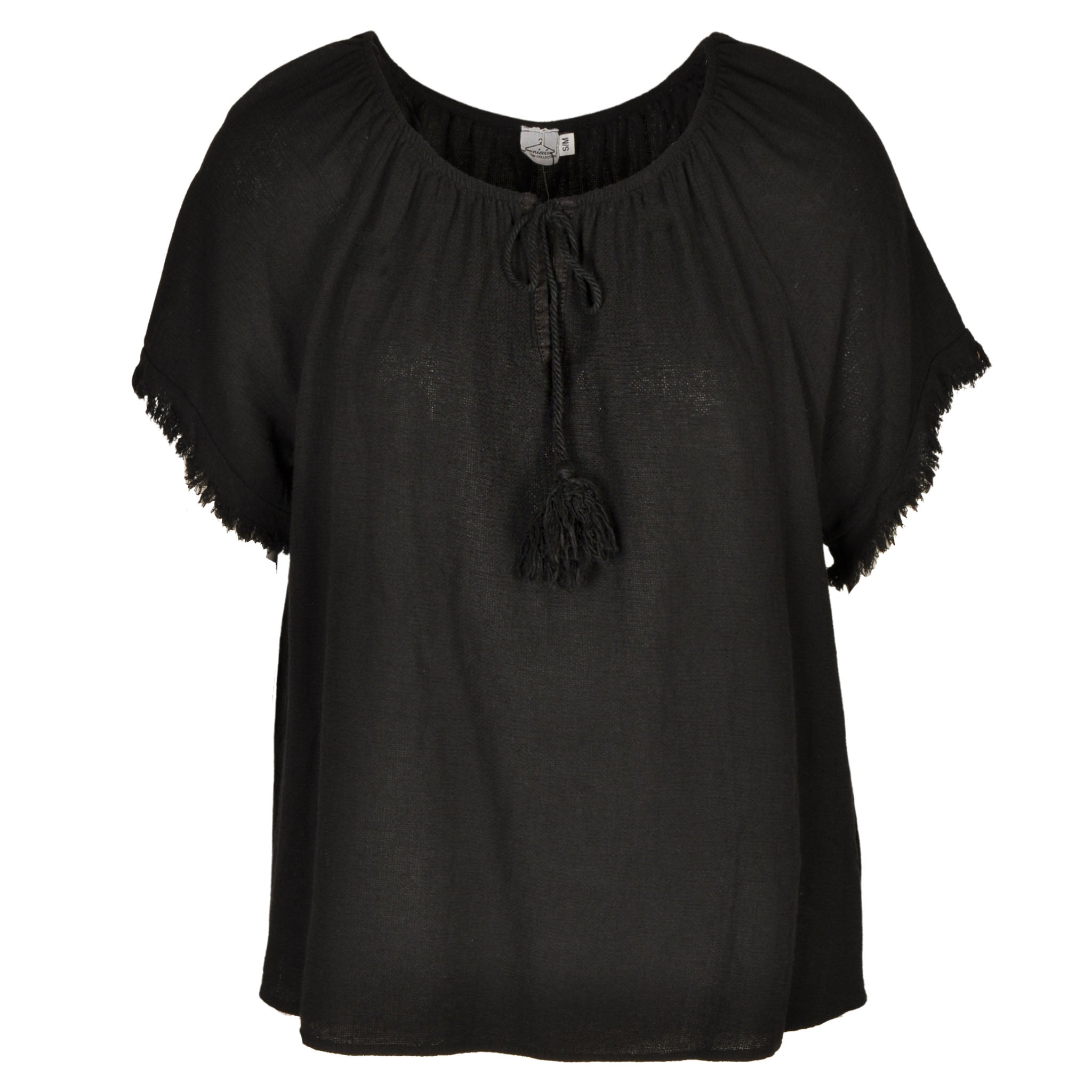 Raw edge linen mix tassel top