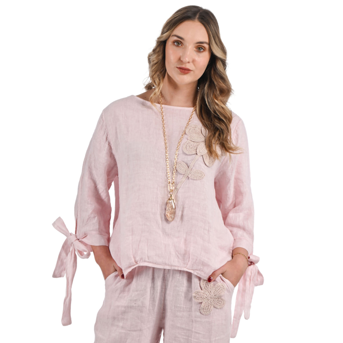 Giant crochet flower tie sleeve linen top
