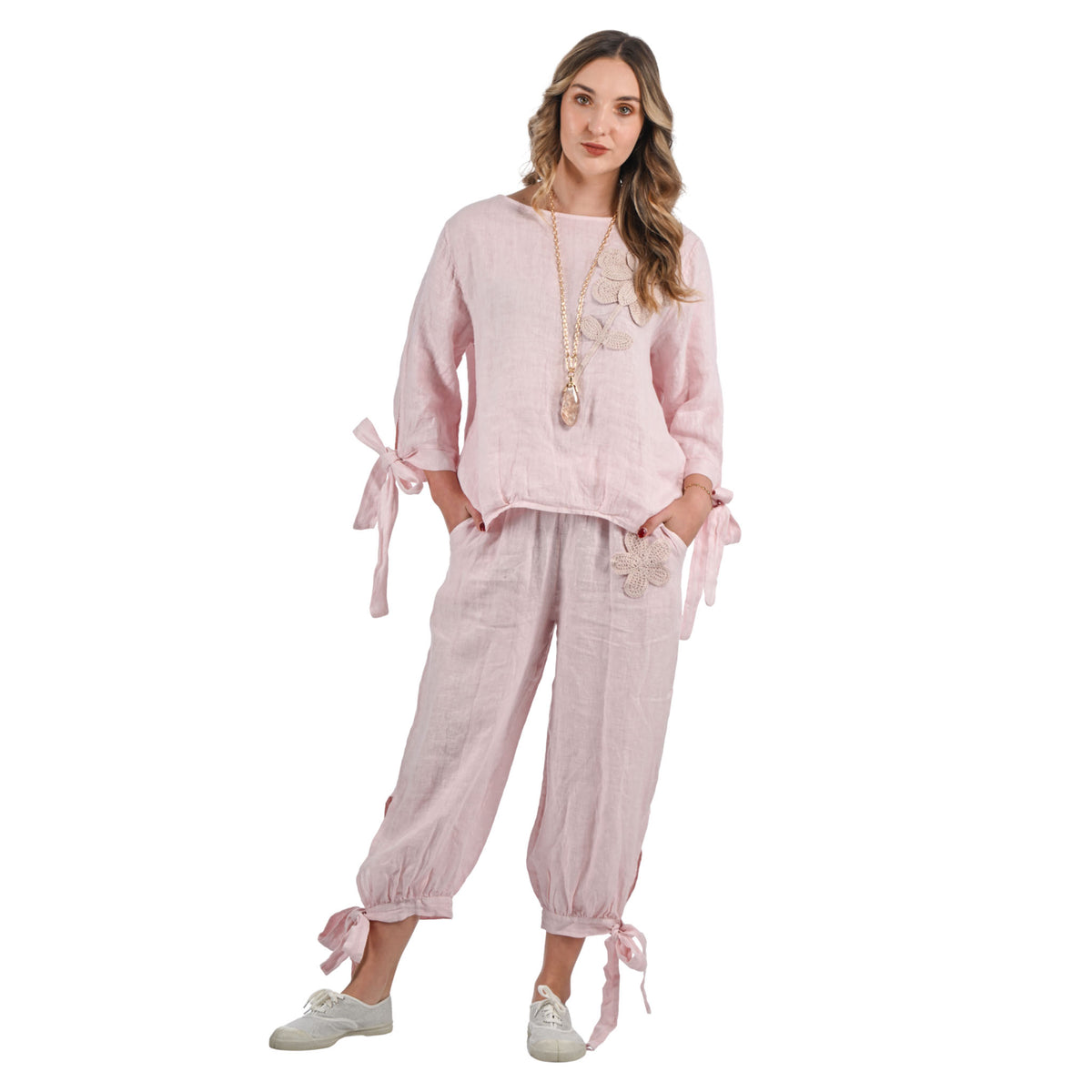 Giant crochet flower tie sleeve linen top