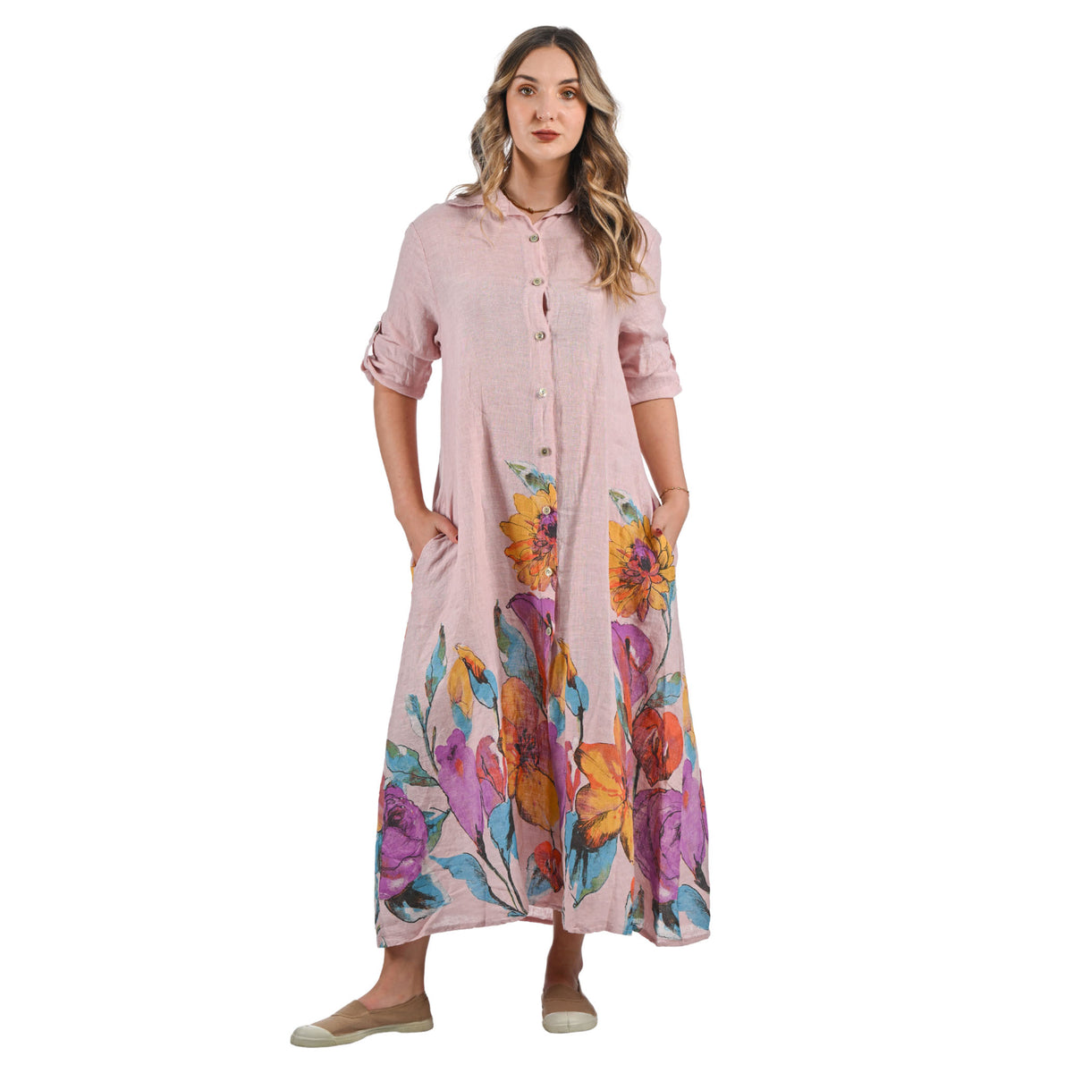 Giant rose border linen shirt dress