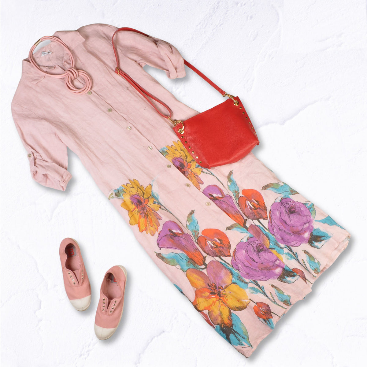 Giant rose border linen shirt dress