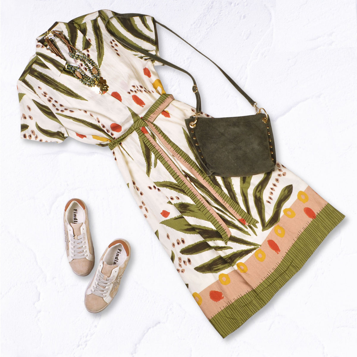 Leaf print belted dress