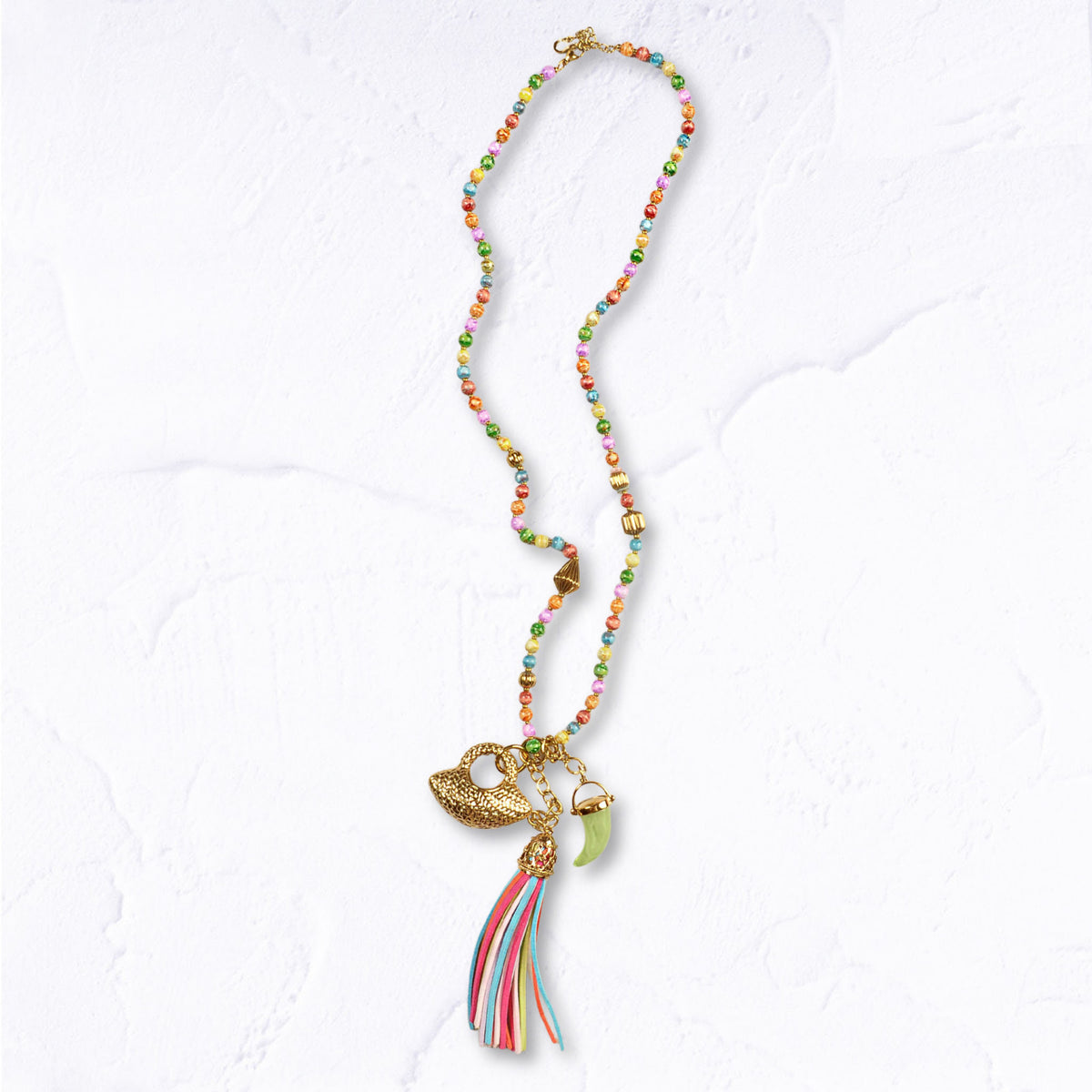 Multi stone bead bag tassel necklace