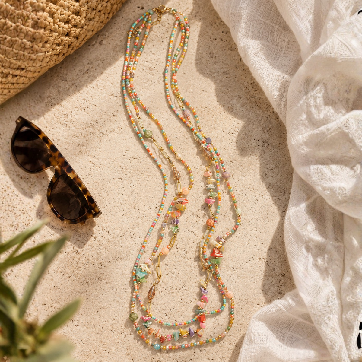 Multi string shape stone bead necklace