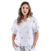 Embroidered sequin flower linen shirt