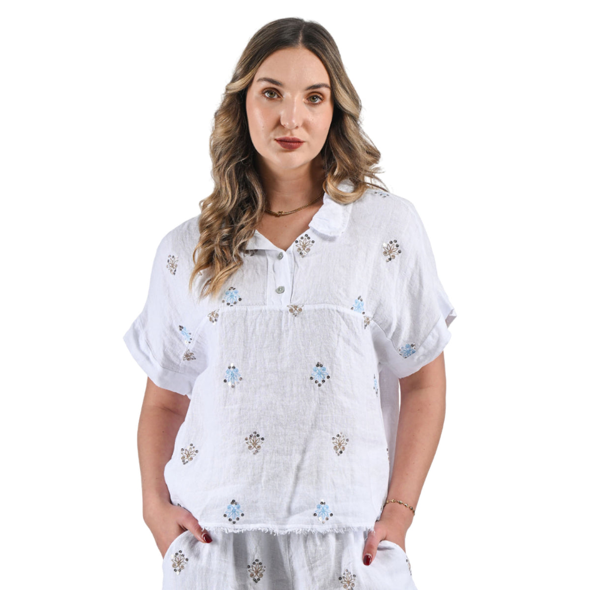Embroidered sequin flower linen shirt