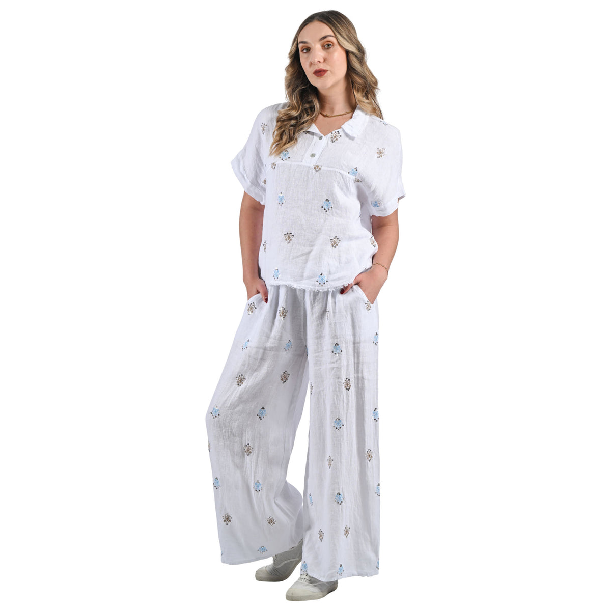 Embroidered sequin flower linen shirt