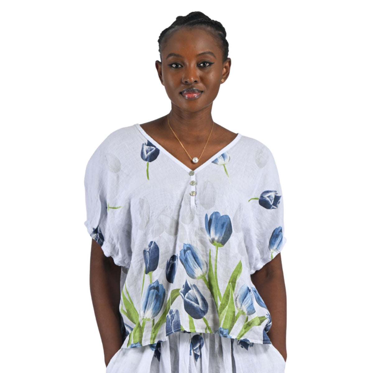 Tulip print boxy linen top