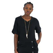 Linen mix boxy v-neck top