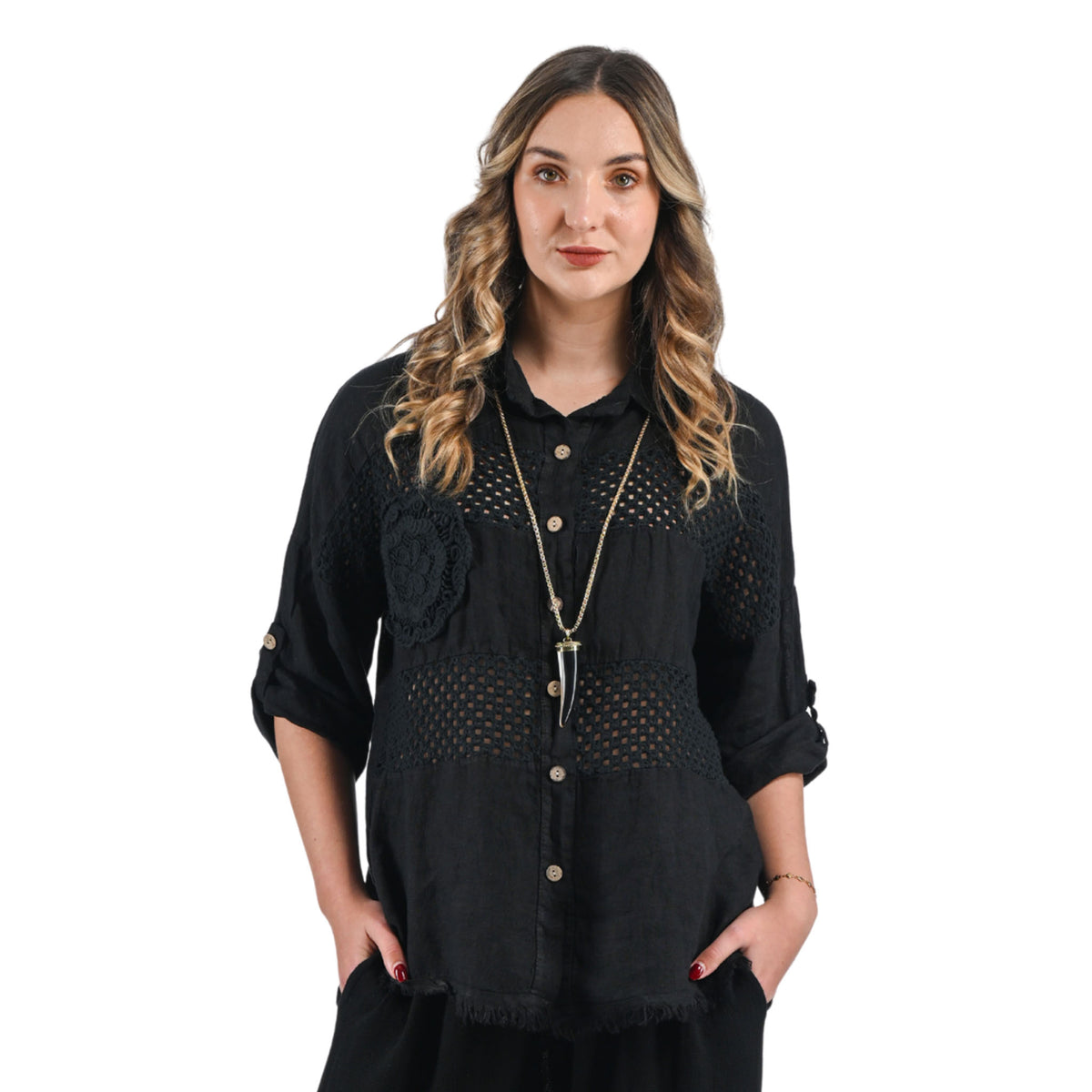 Crochet rosette stripe linen shirt
