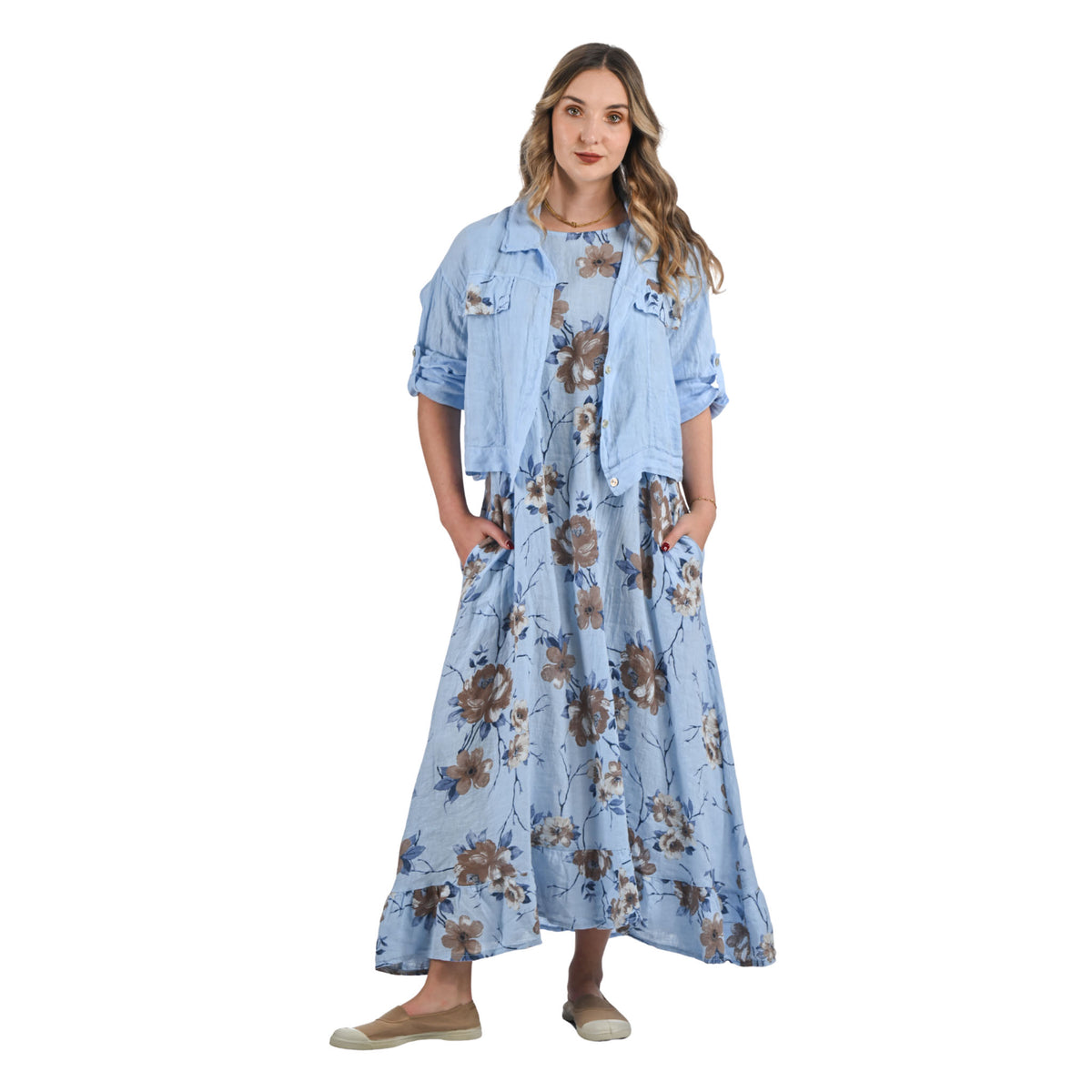 Rose print linen maxi dress'