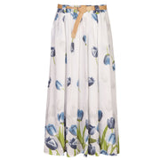 Tulip print belted linen skirt