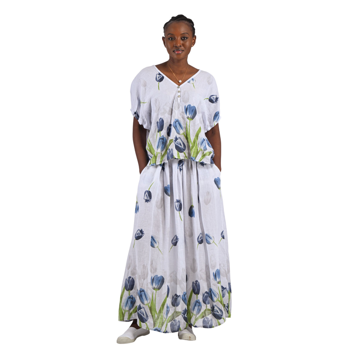 Tulip print belted linen skirt