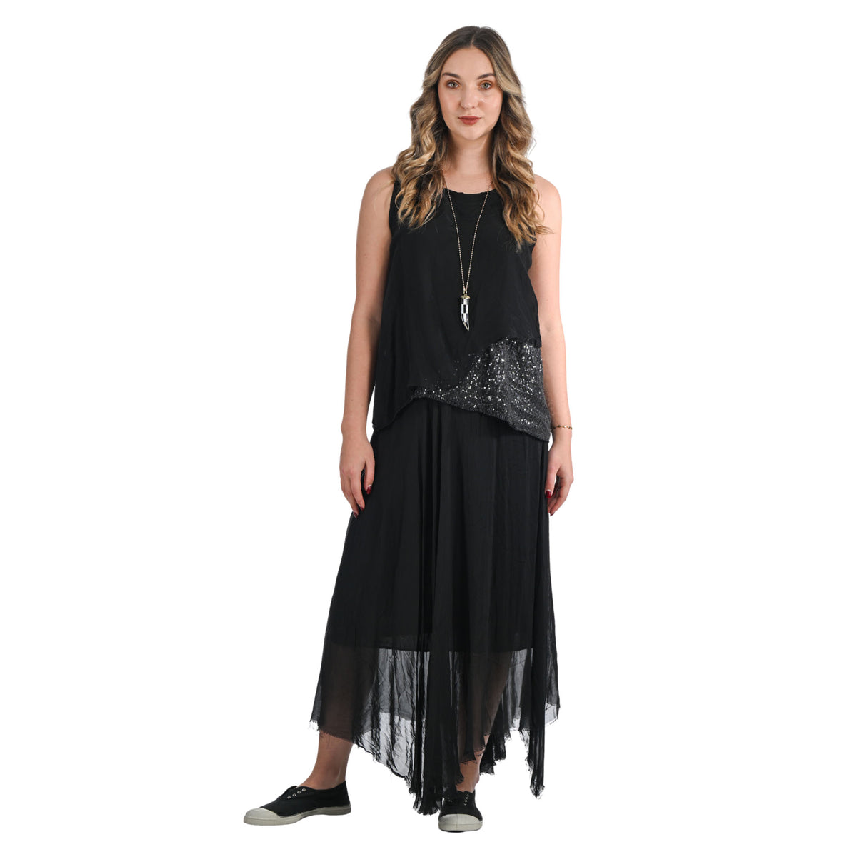 Double layered raw edge swing skirt