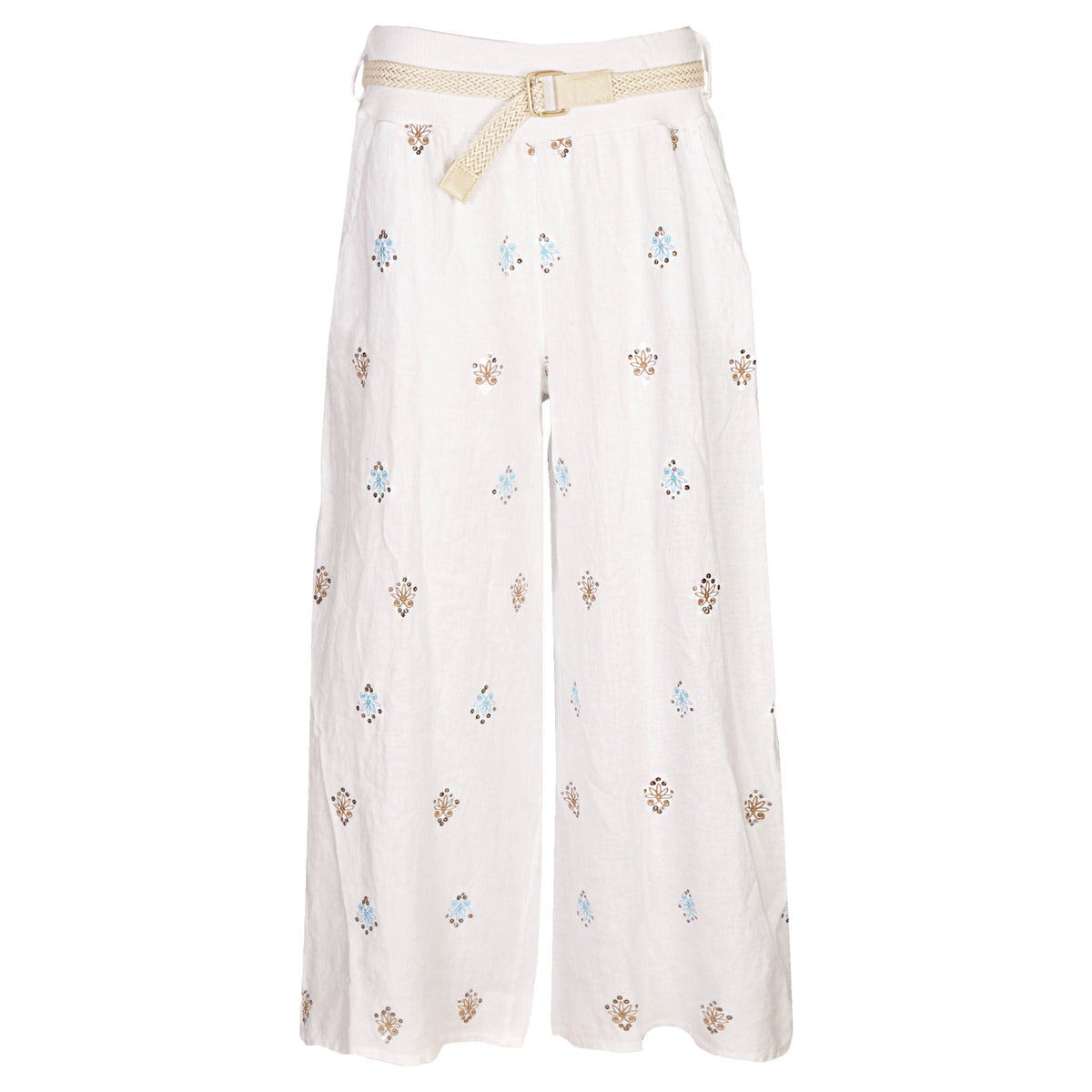 Embroidered sequin belted linen pant