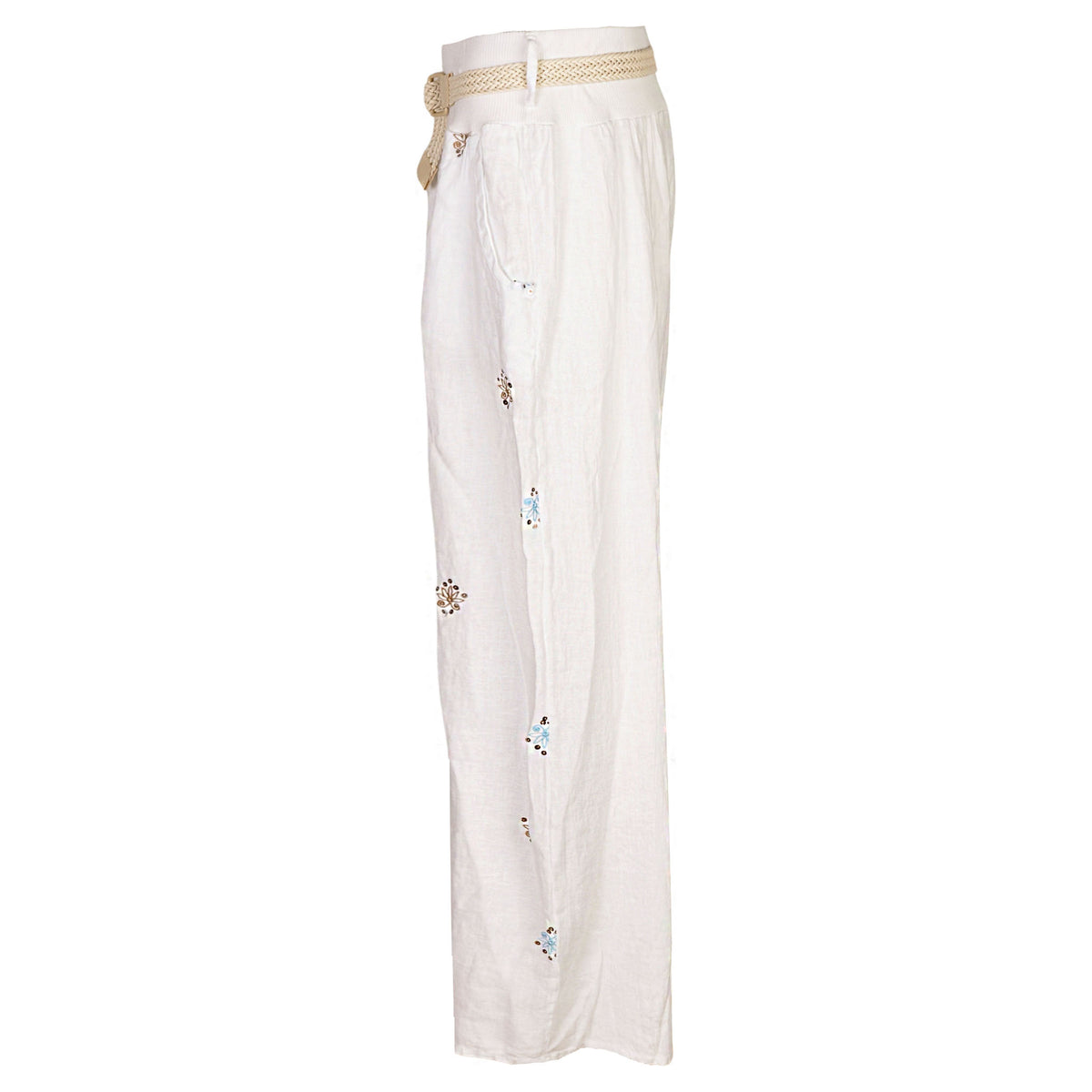 Embroidered sequin belted linen pant