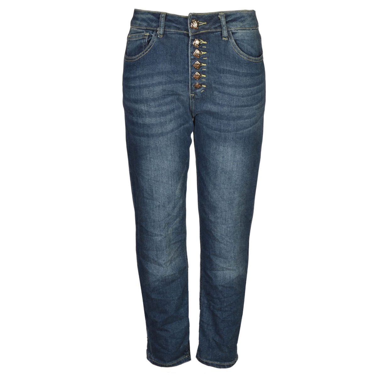 Battered square button jean