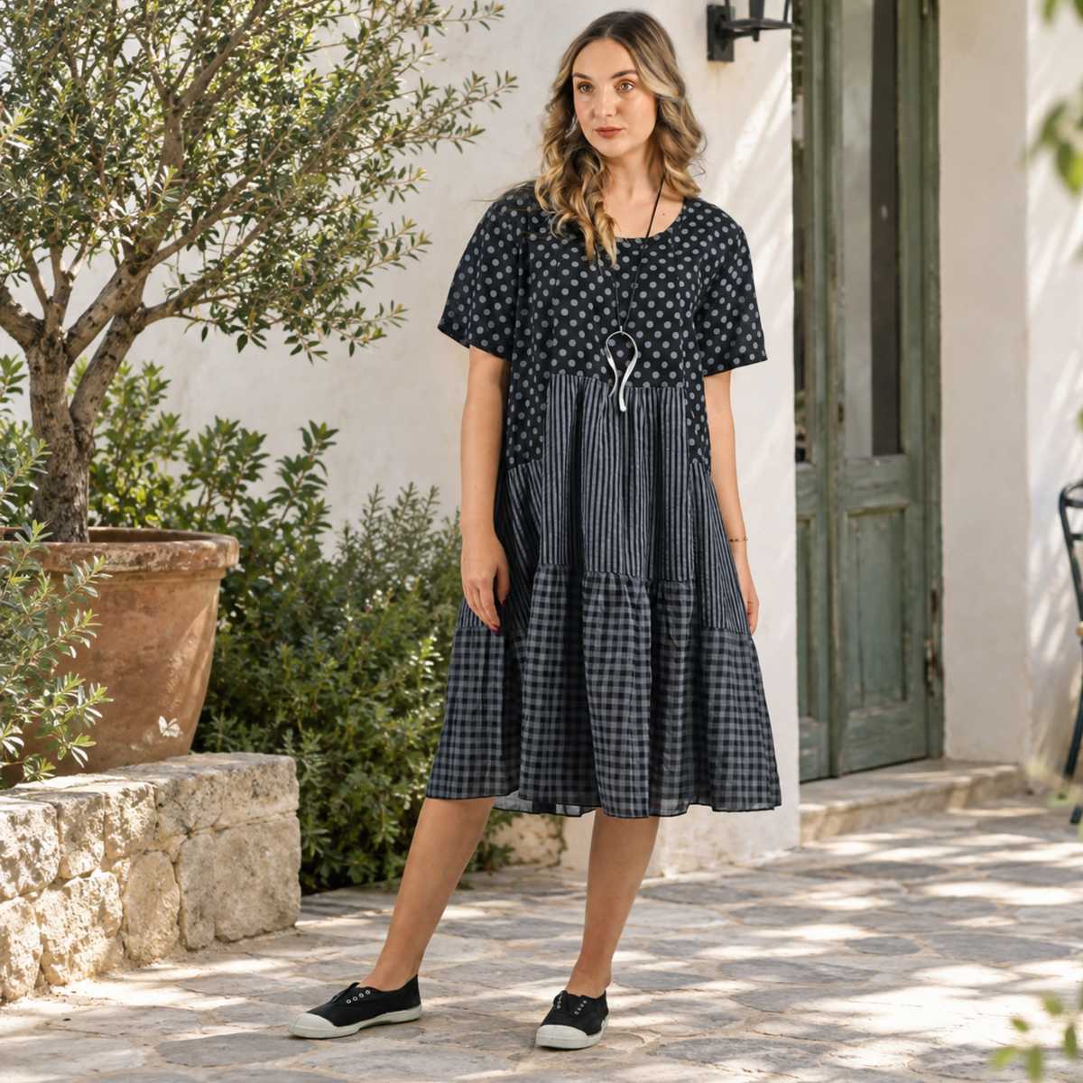 Polka dot stripe patch dress