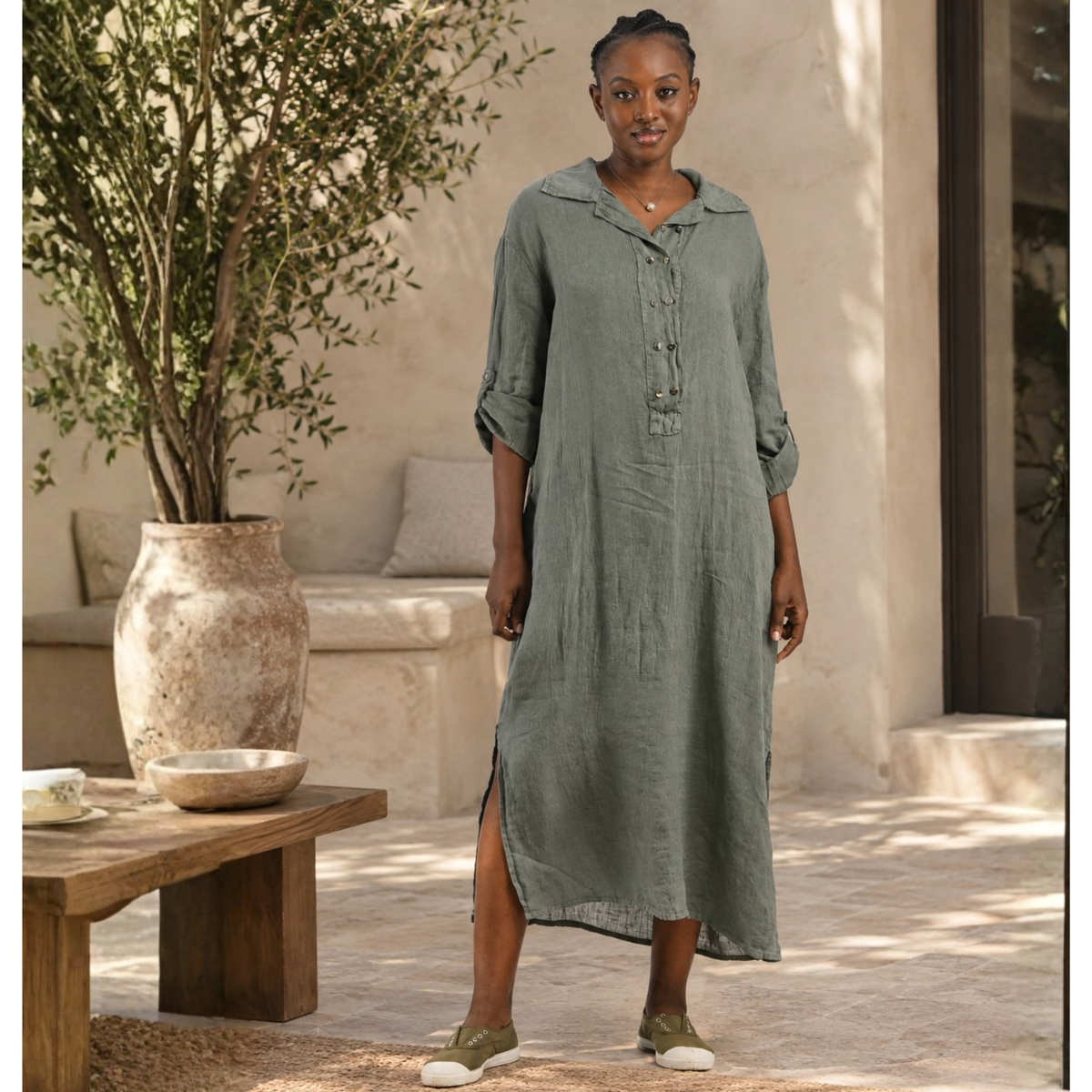 Gold button linen maxi dress