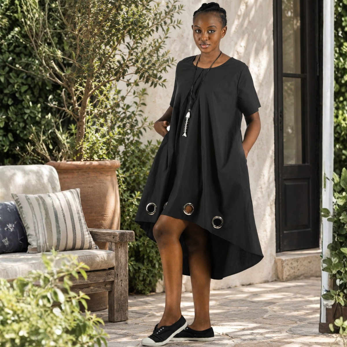 Giant eyelet hi lo pleat dress