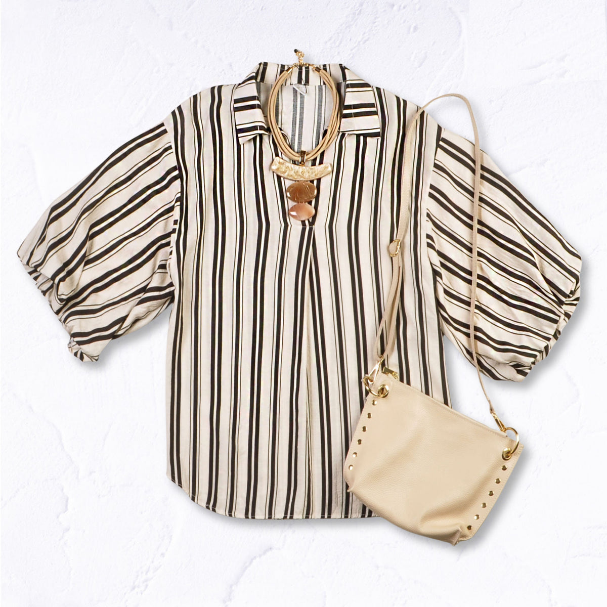 Stripe print bubble sleeve shirt
