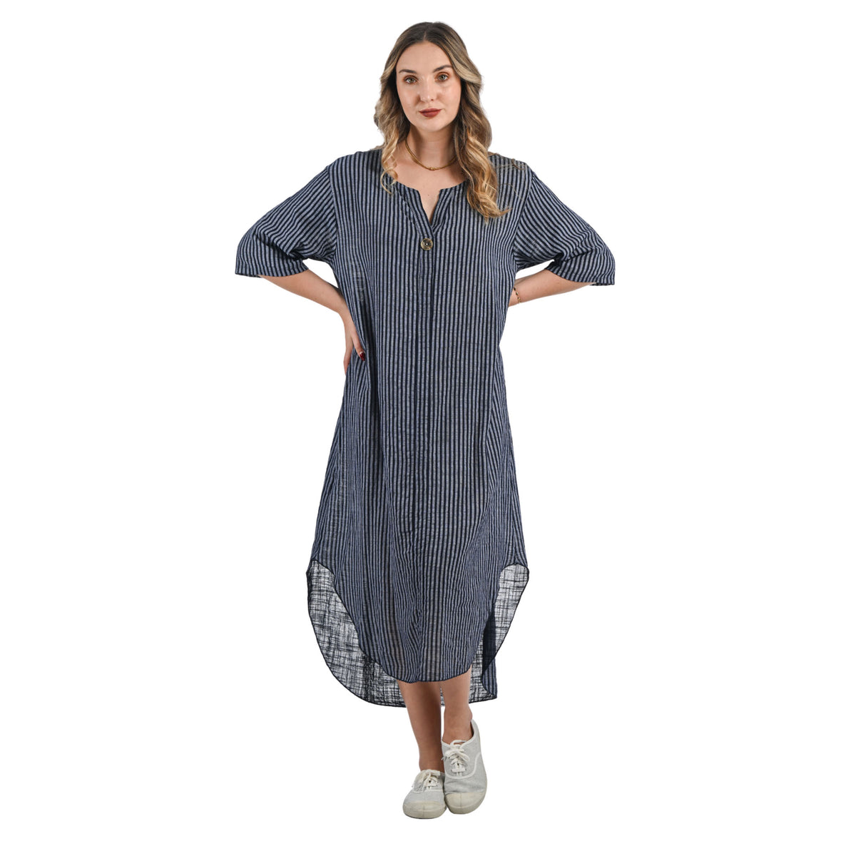 Gold button stripe cotton maxi dress
