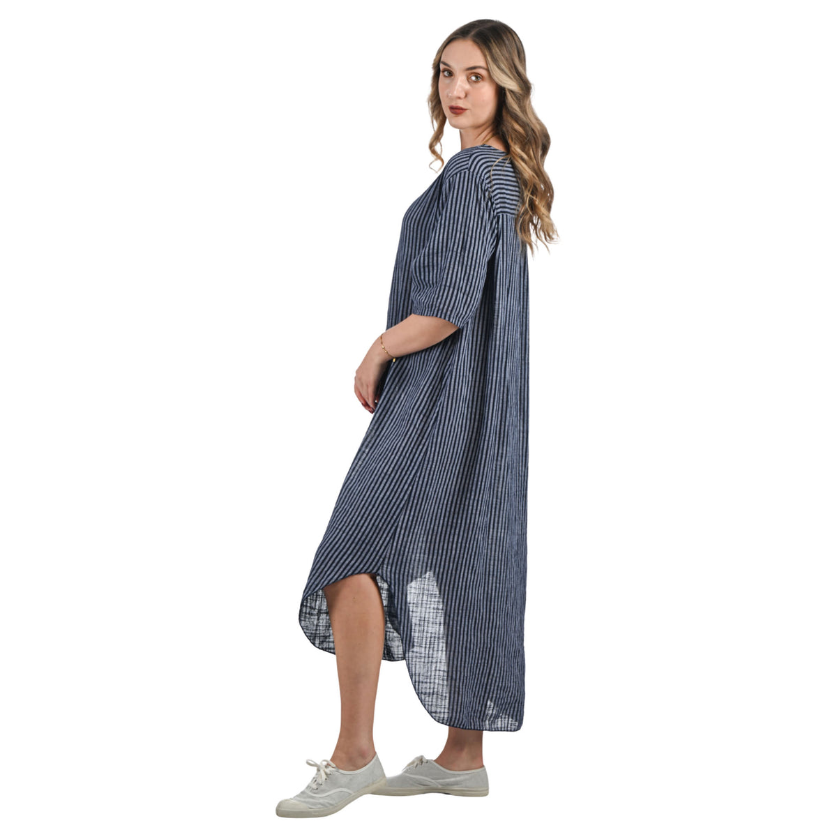 Gold button stripe cotton maxi dress