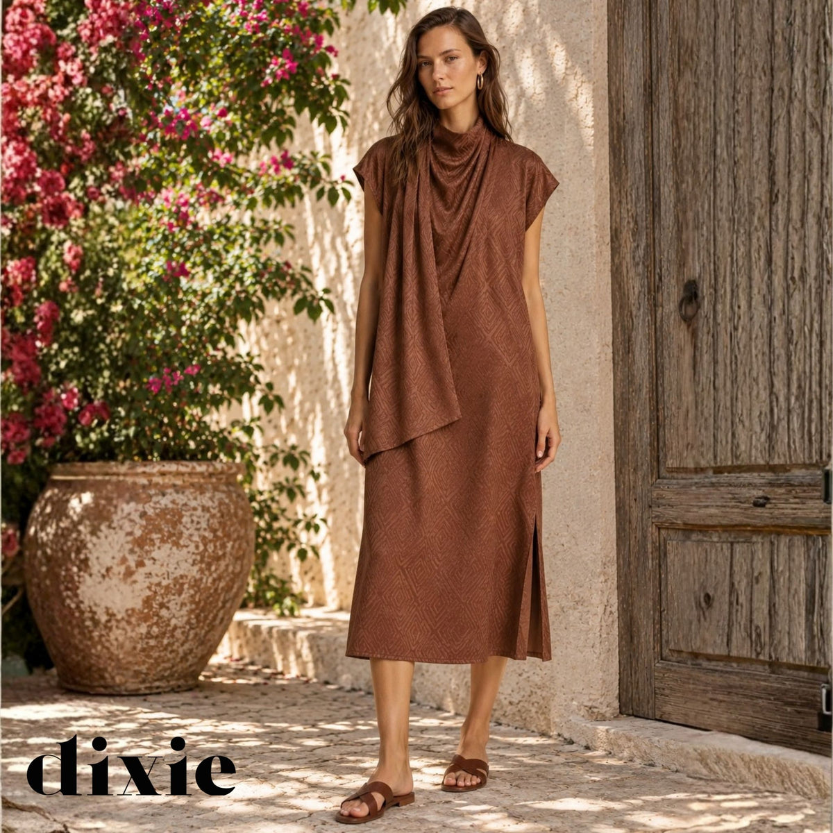 Dixie draped neck mock wrap jacquard dress maxi