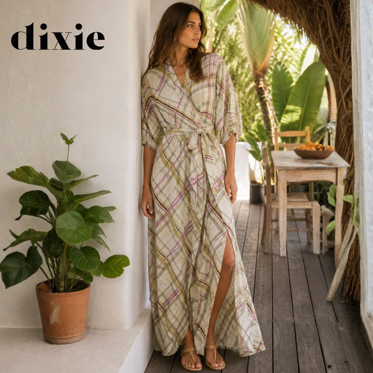 Dixie check print pleat detail dress maxi