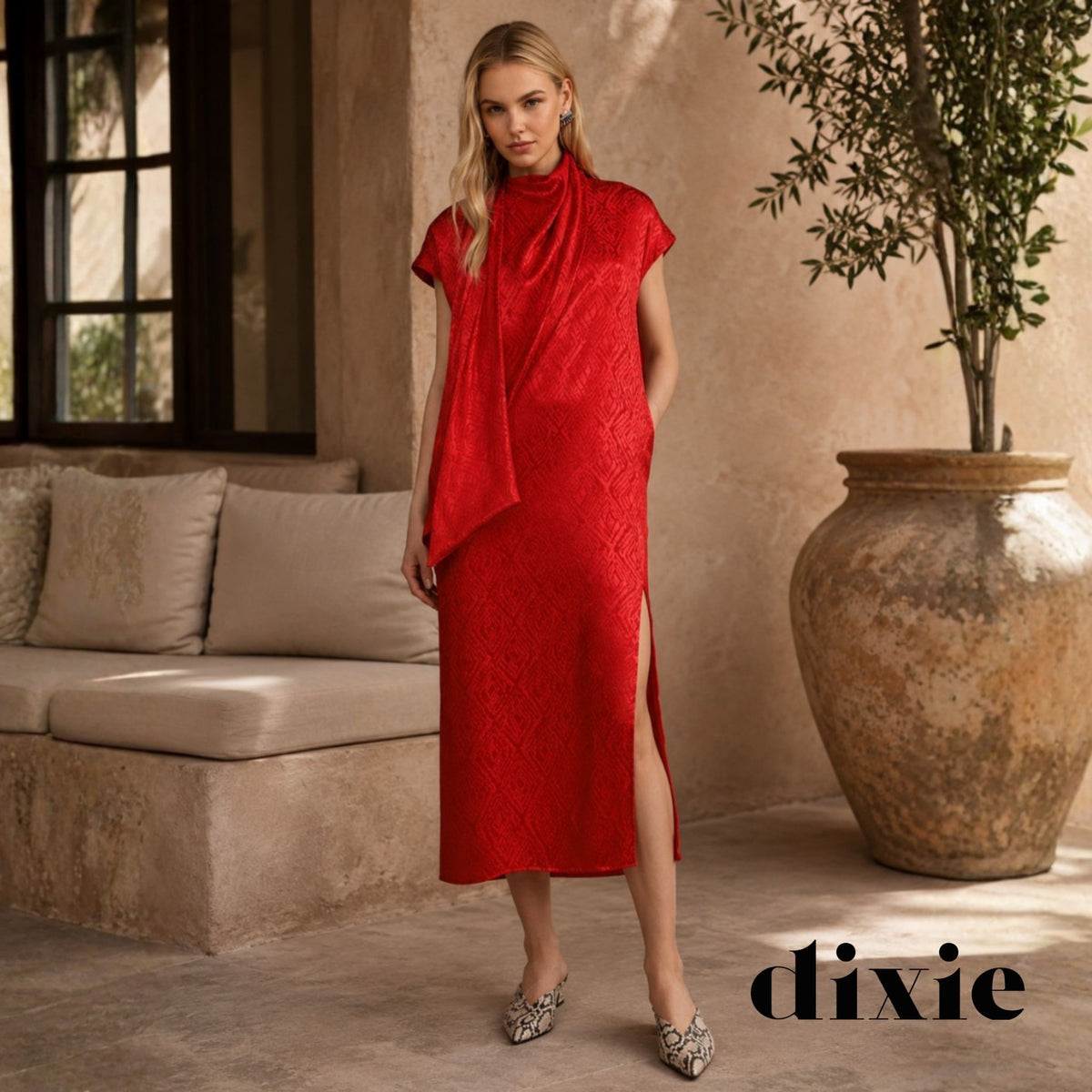 Dixie draped neck mock wrap jacquard dress maxi