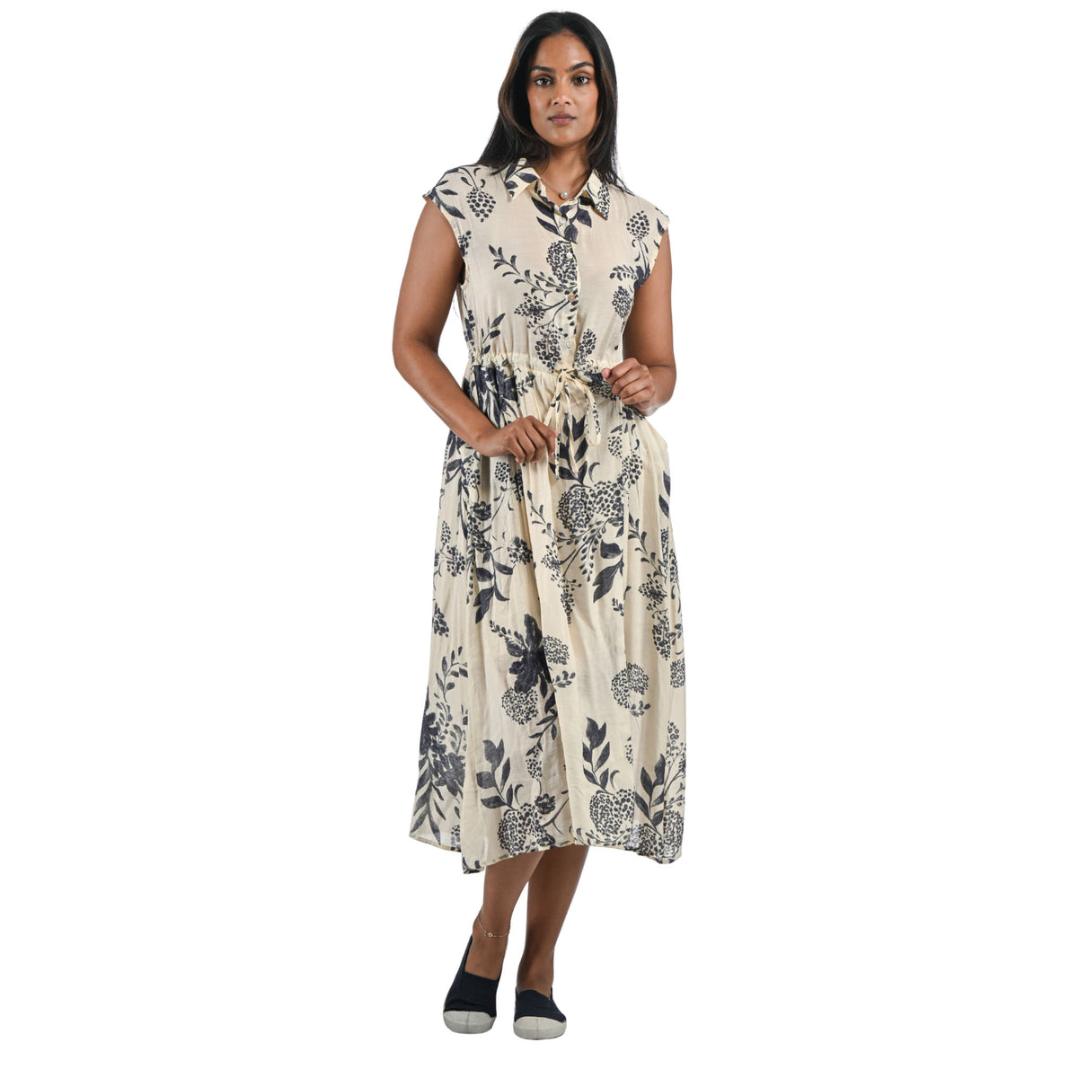 Leaf print drawstring midi dress