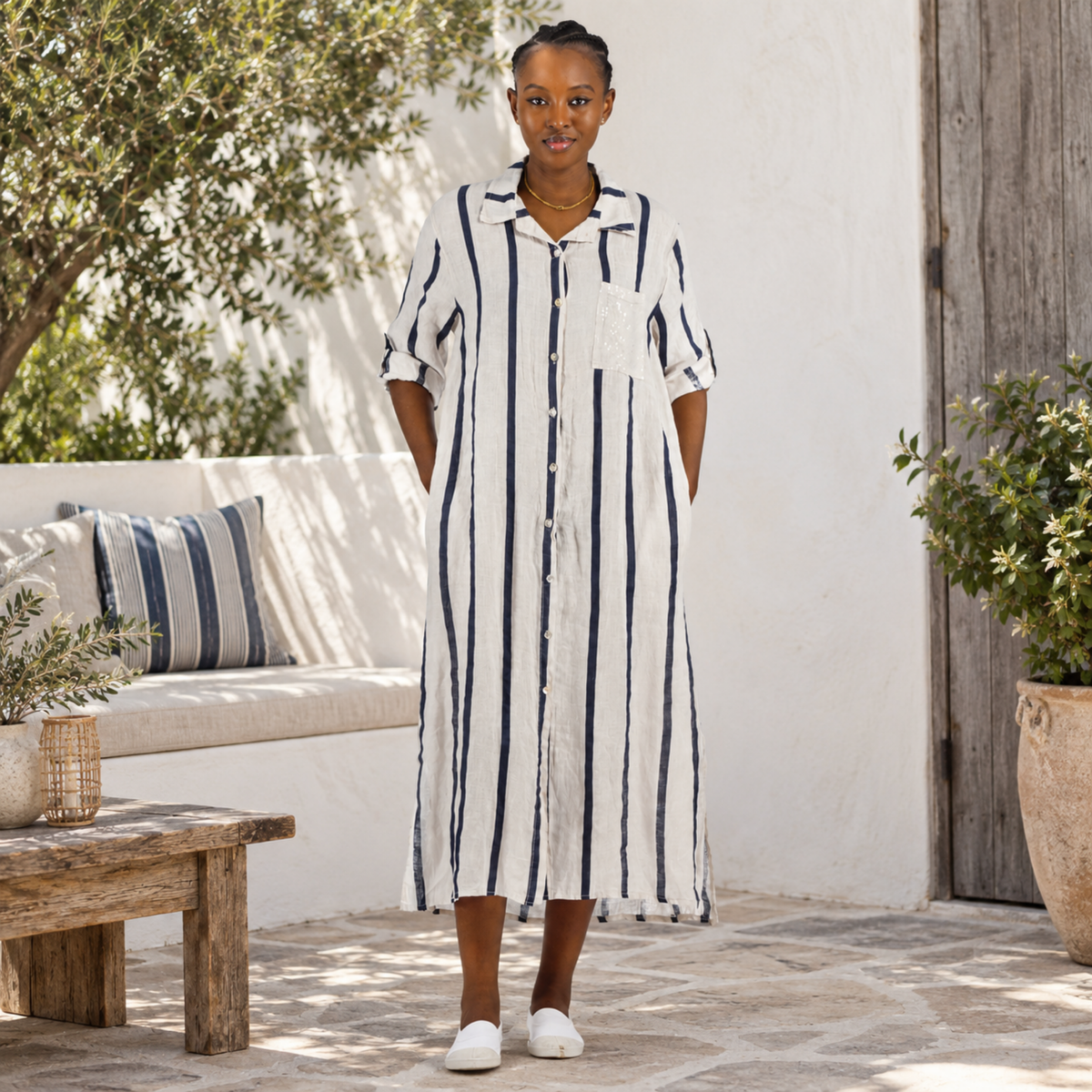 Sequin pocket stripe shirt linen dress