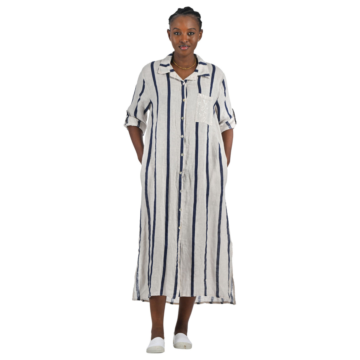 Sequin pocket stripe shirt linen dress