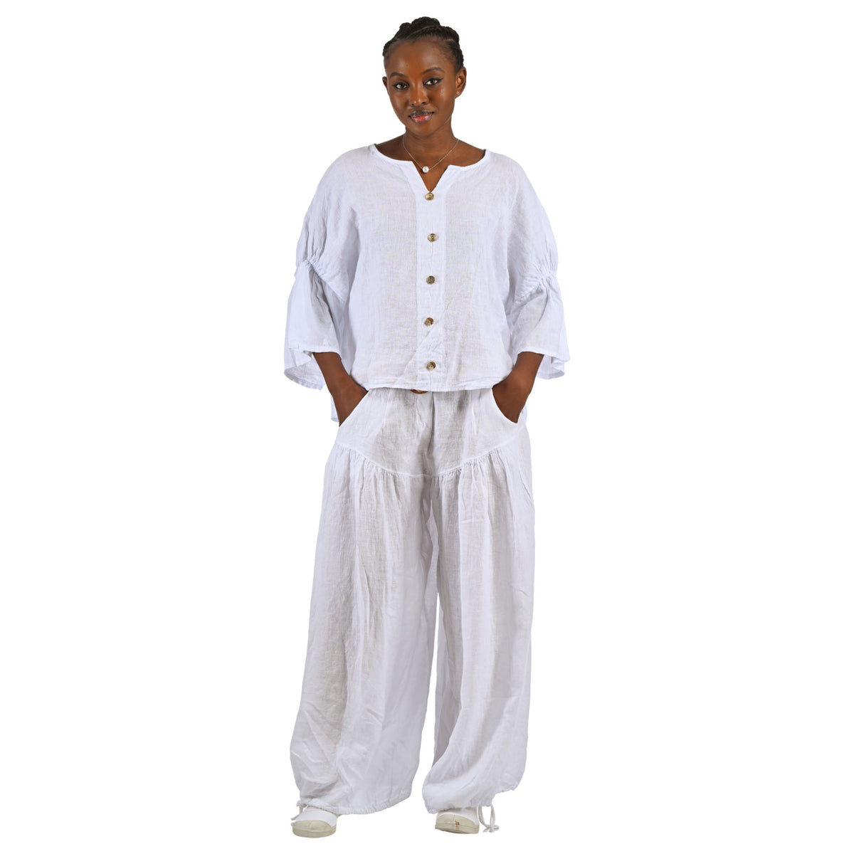 Gold button boxy linen top