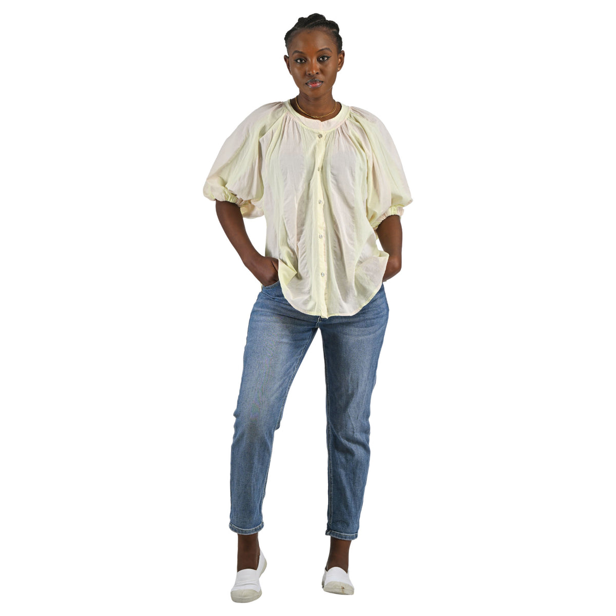 Wide stripe bubble sleeve shirt