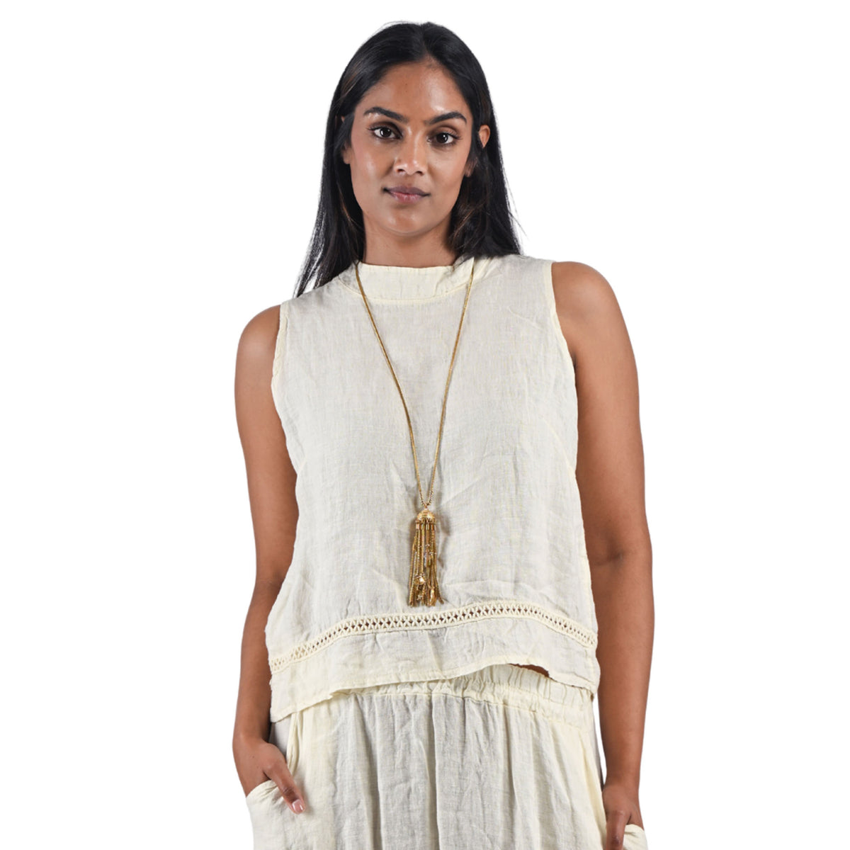 Crochet stripe sleeveless linen top